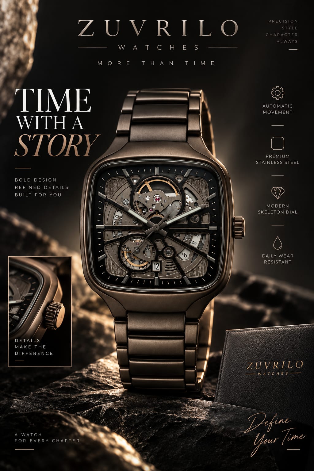 Skeleton-Style Square Watch
