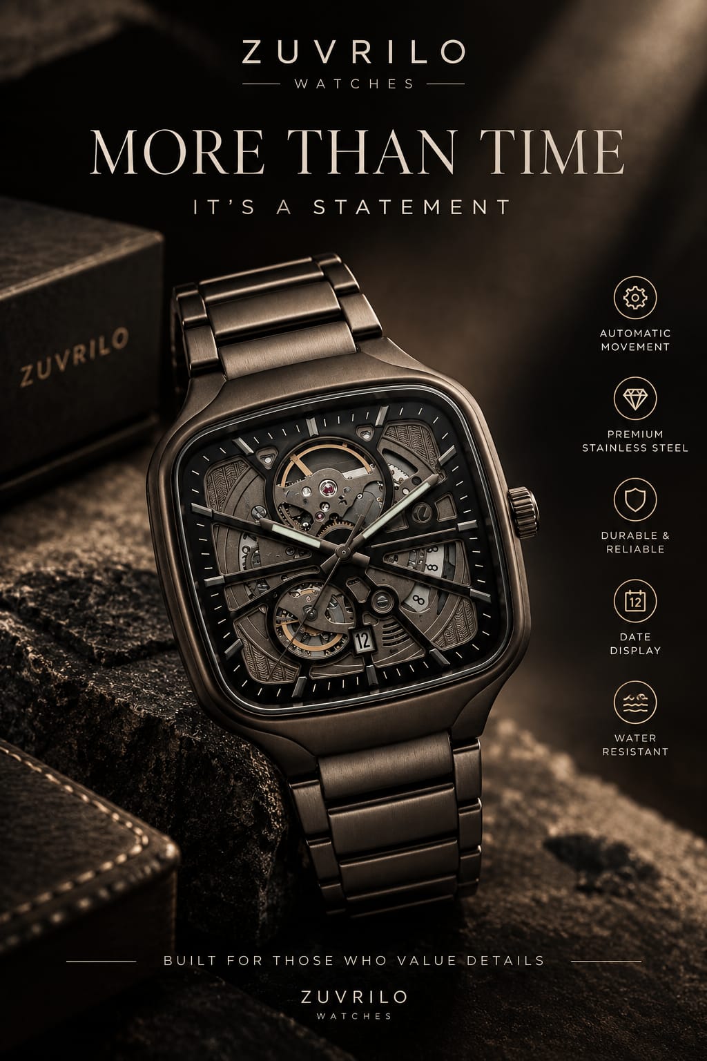 Skeleton-Style Square Watch