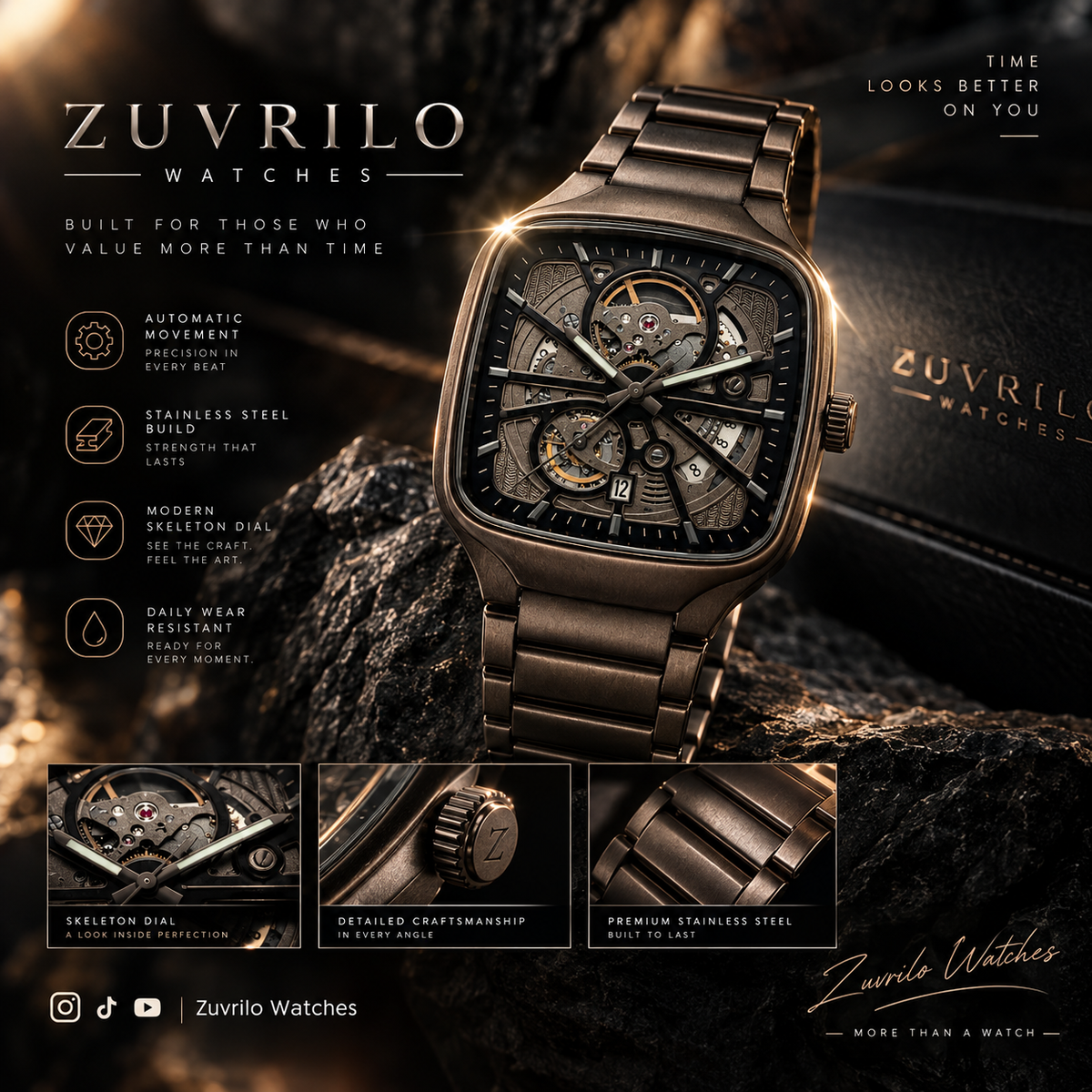 Skeleton-Style Square Watch